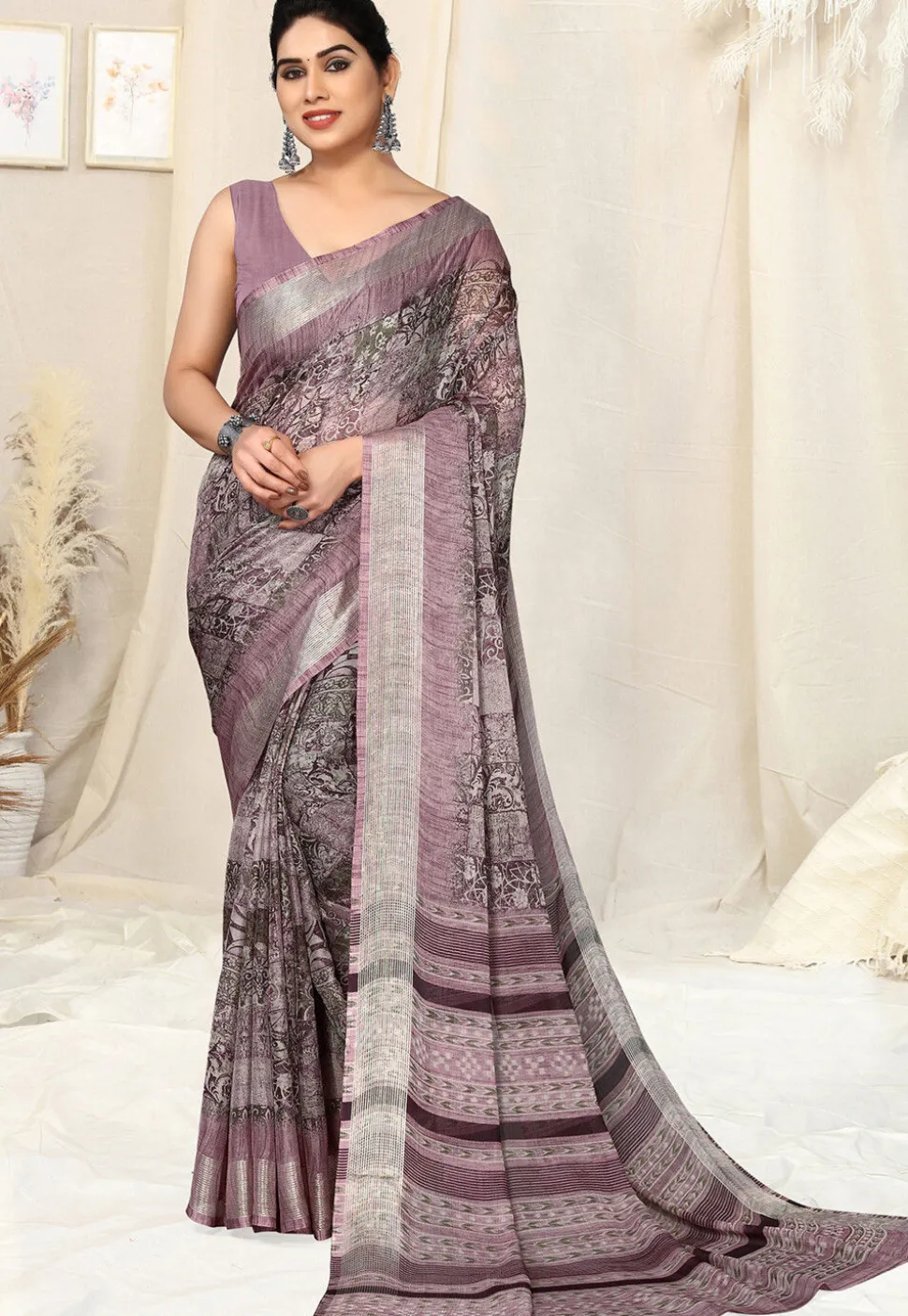 Digital Printed Chiffon Saree in Light Purple