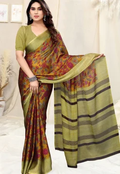 Digital Printed Chiffon Saree in Olive Green
