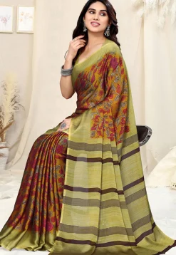Digital Printed Chiffon Saree in Olive Green