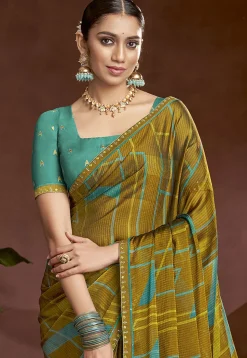 Digital Printed Chiffon Saree in Olive Green