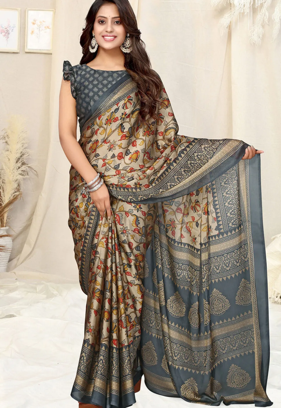 Digital Printed Chiffon Saree in Beige