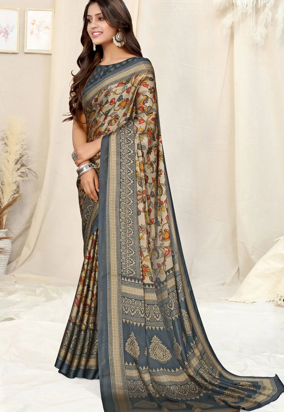 Digital Printed Chiffon Saree in Beige