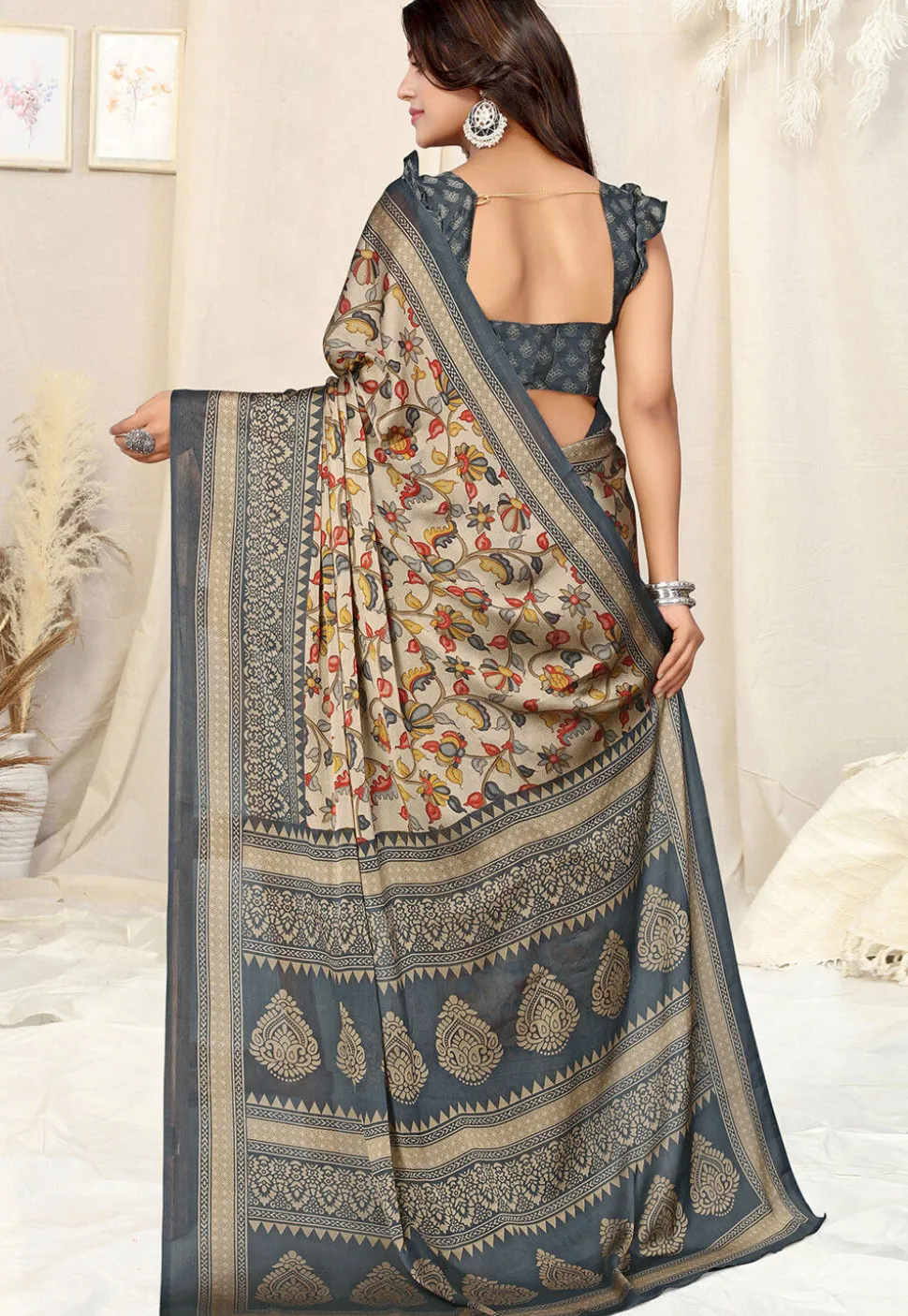 Digital Printed Chiffon Saree in Beige