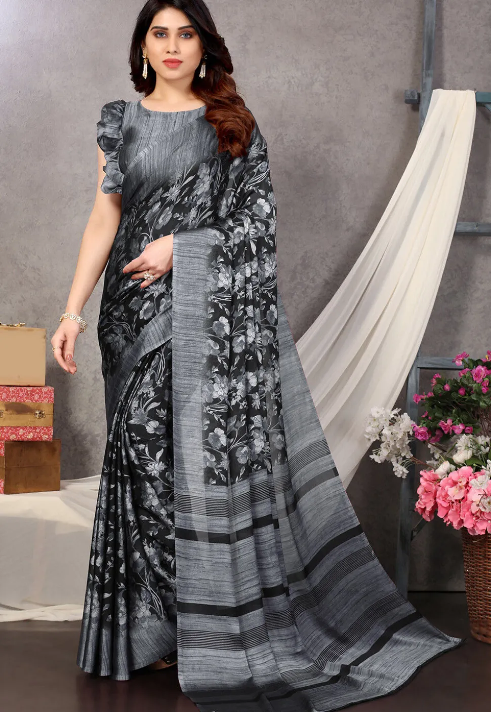 Digital Printed Chiffon Saree in Black and Grey