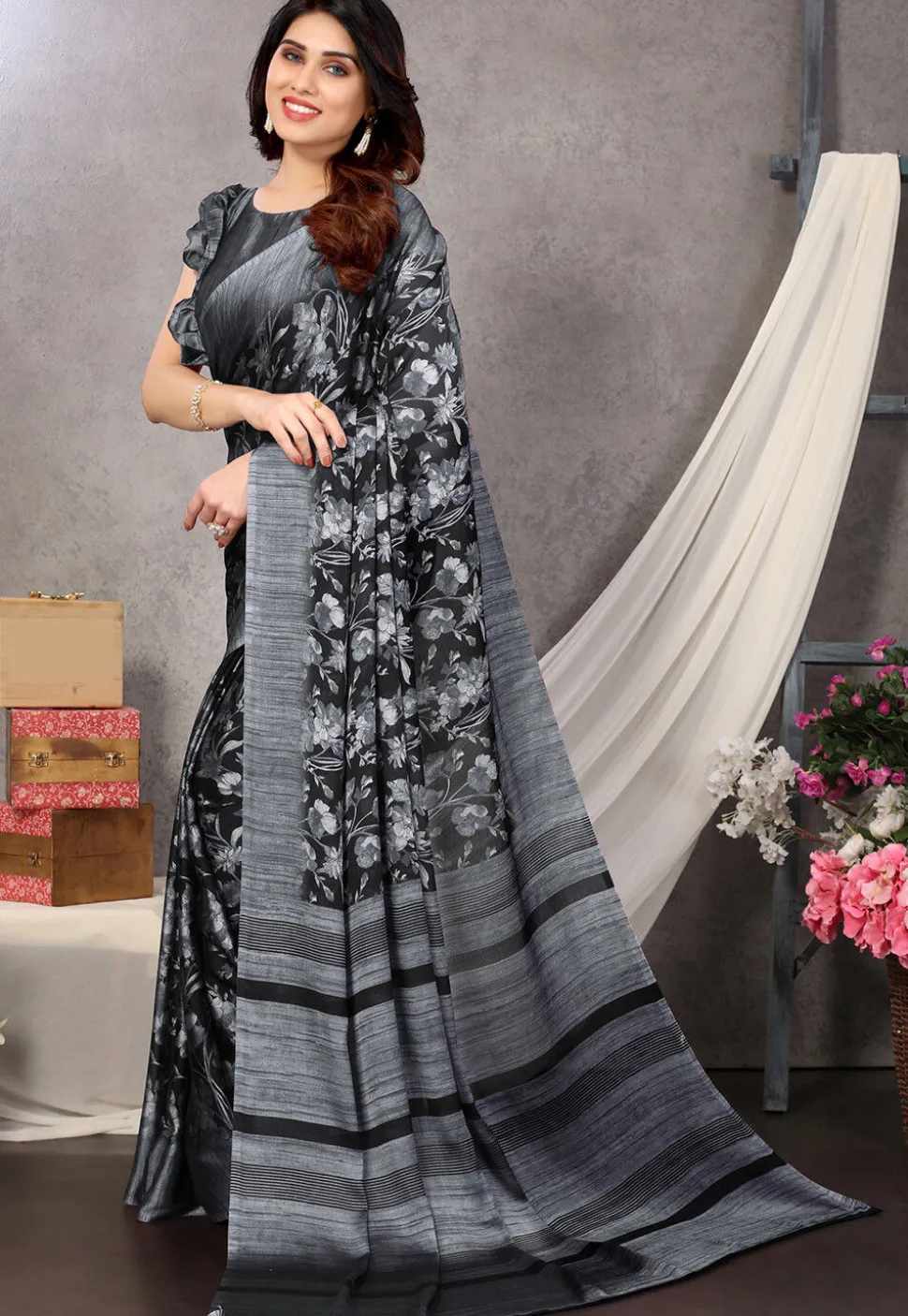 Digital Printed Chiffon Saree in Black and Grey
