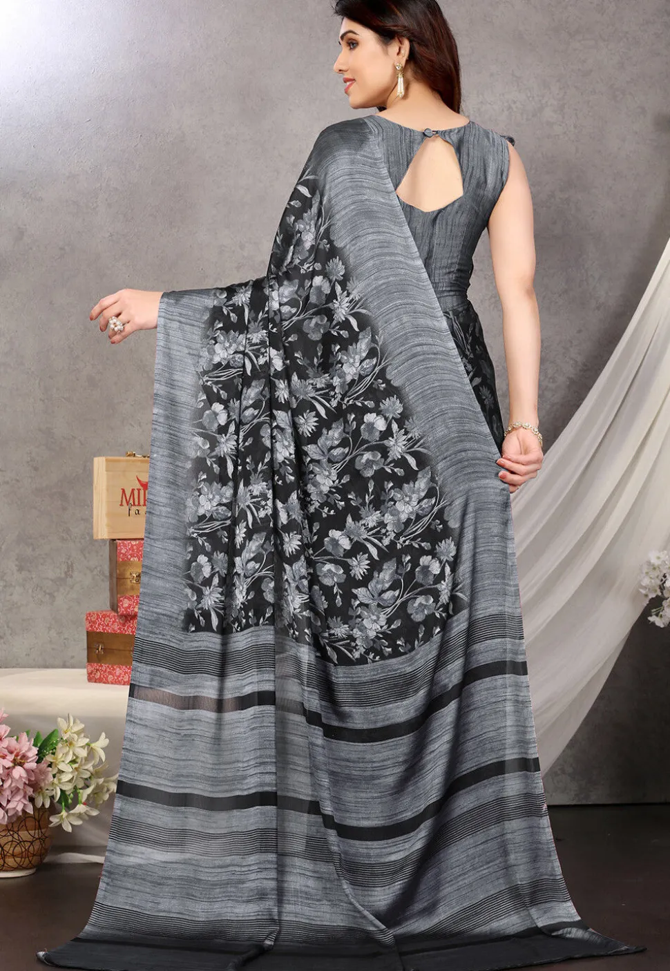 Digital Printed Chiffon Saree in Black and Grey
