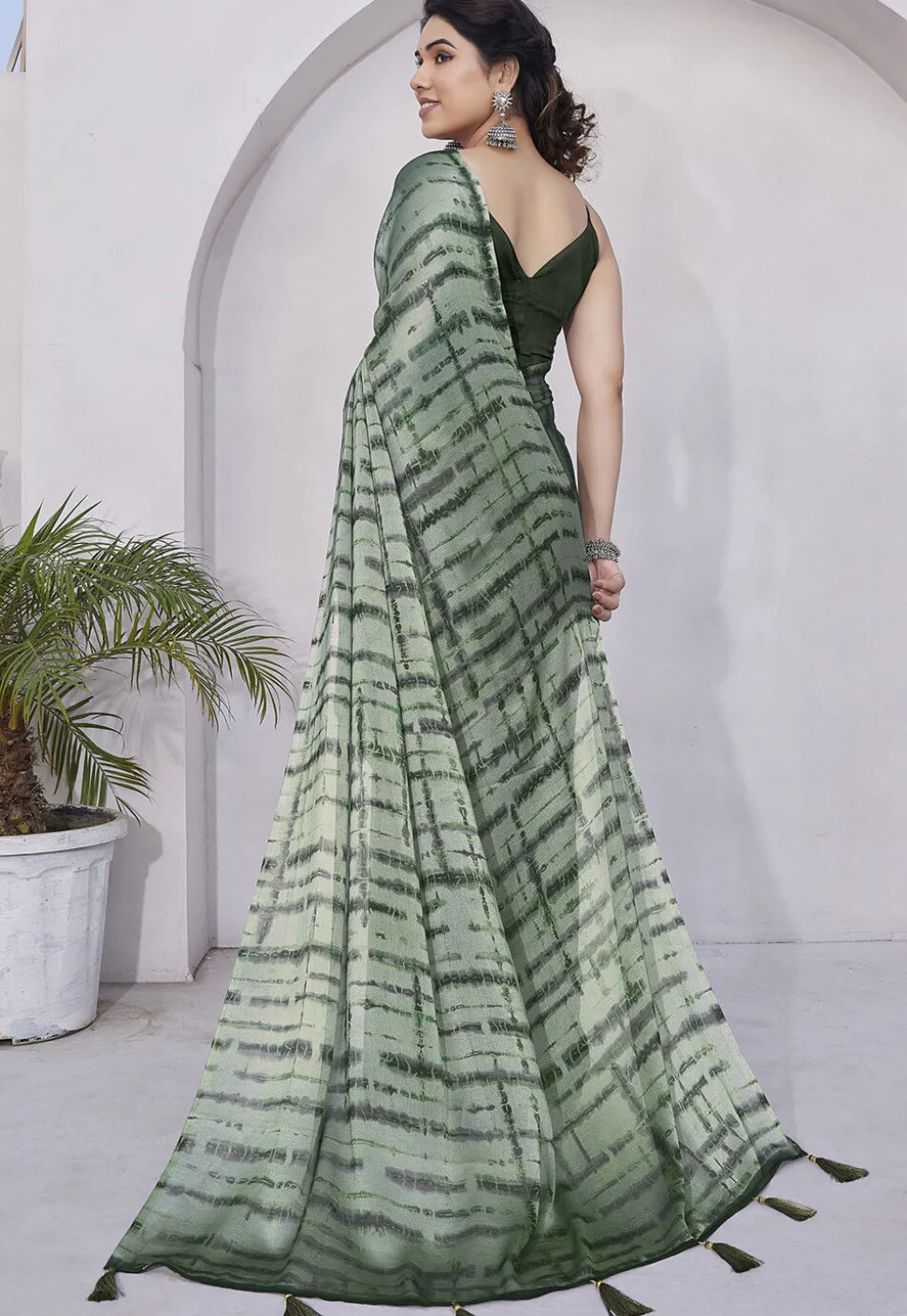 Digital Printed Chiffon Saree in Dusty Green