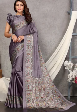 Digital Printed Chiffon Saree in Grey