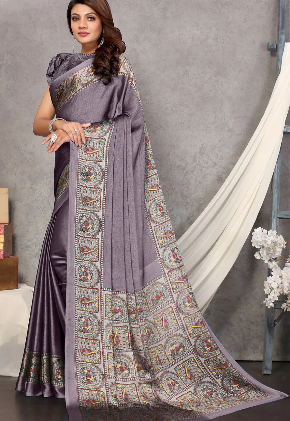 Digital Printed Chiffon Saree in Grey