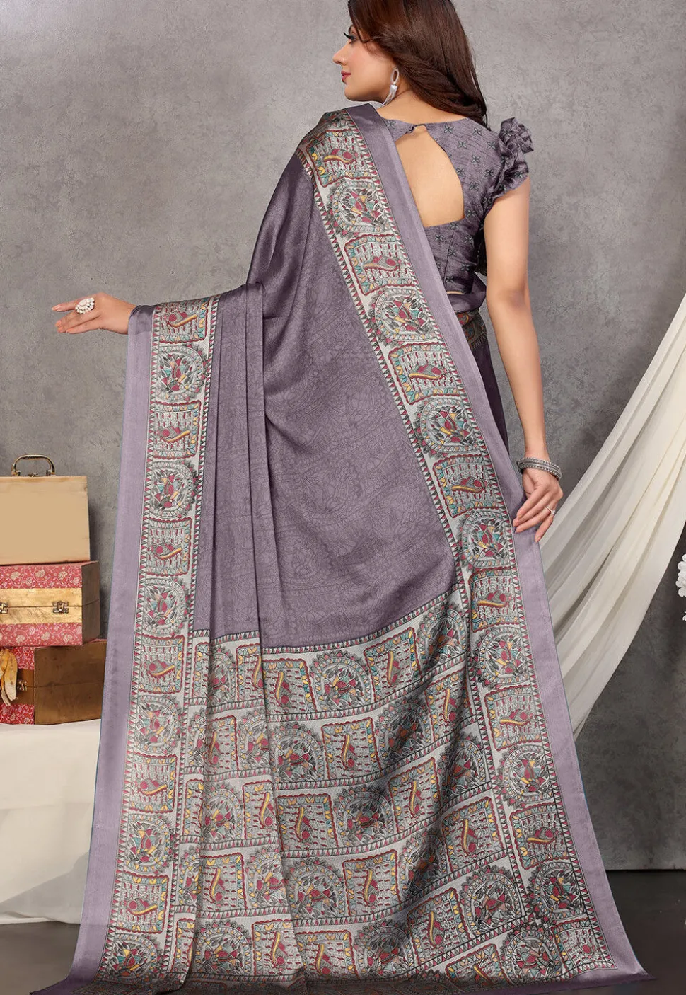 Digital Printed Chiffon Saree in Grey
