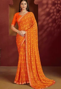 Digital Printed Chiffon Saree in Orange