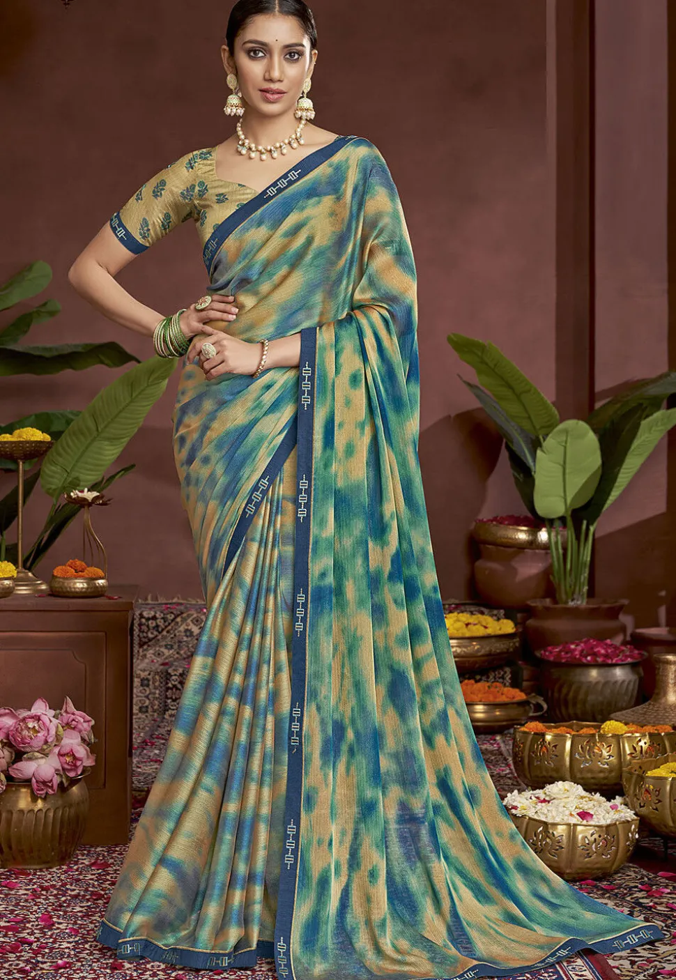 Digital Printed Chiffon Saree in Blue