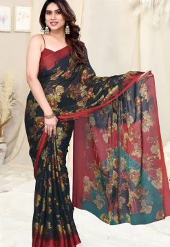 Digital Printed Chiffon Saree in Black