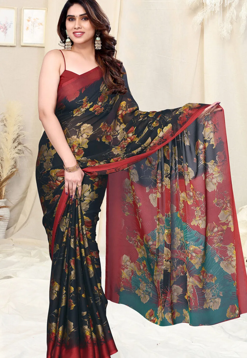 Digital Printed Chiffon Saree in Black
