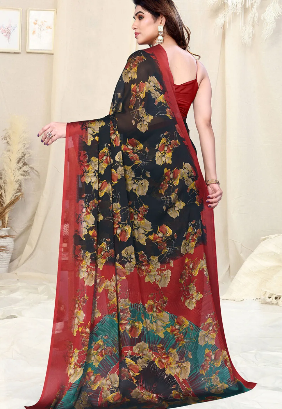 Digital Printed Chiffon Saree in Black