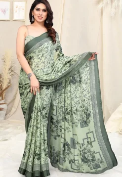 Digital Printed Chiffon Saree in Light Green