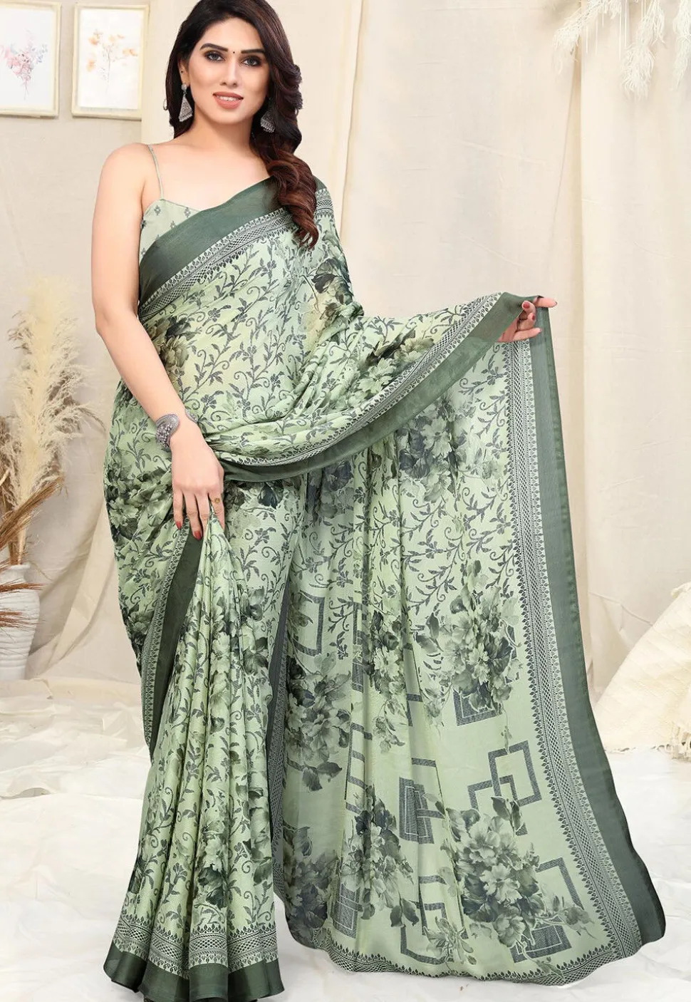 Digital Printed Chiffon Saree in Light Green
