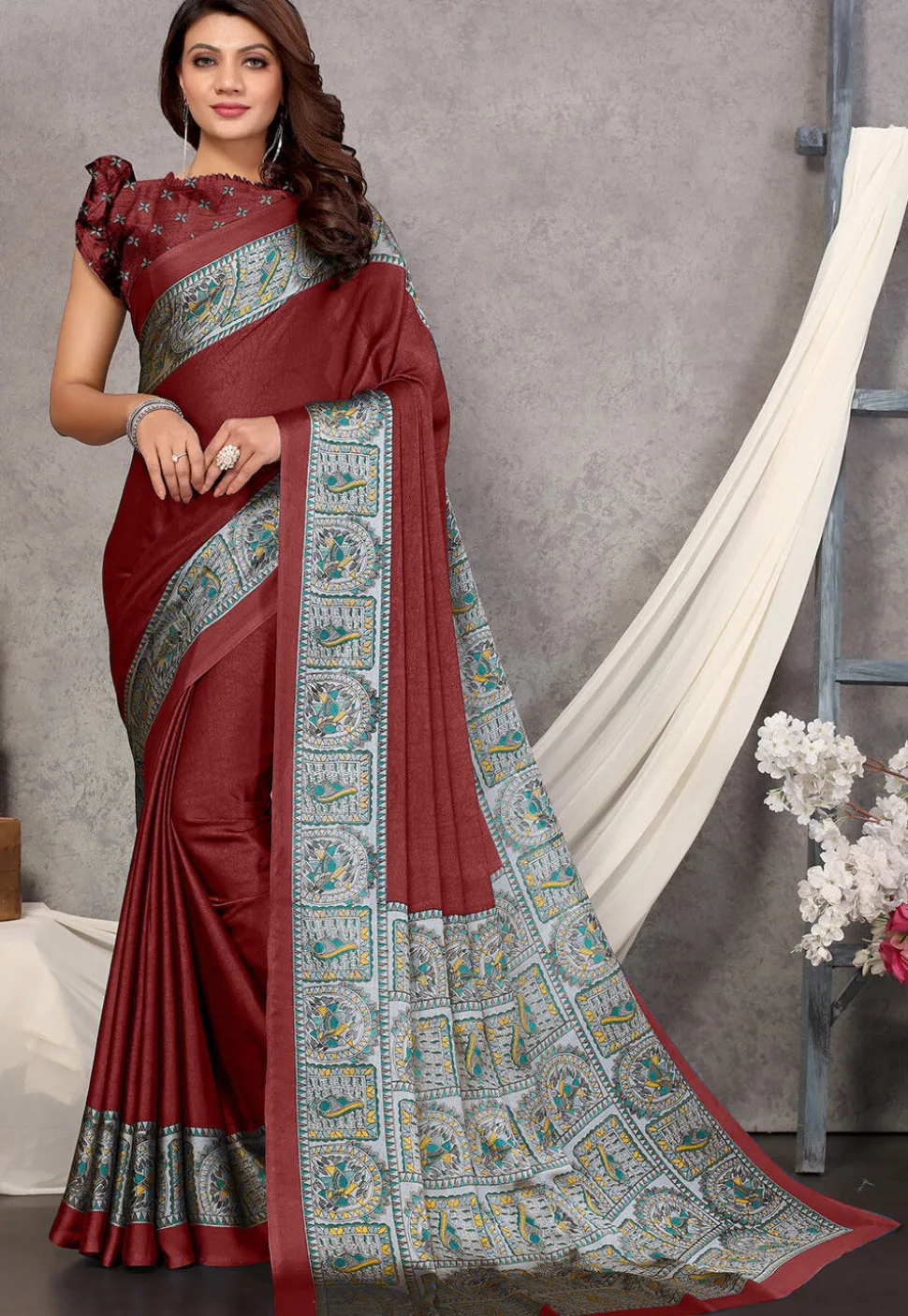 Digital Printed Chiffon Saree in Maroon
