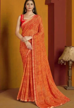 Digital Printed Chiffon Saree in Orange