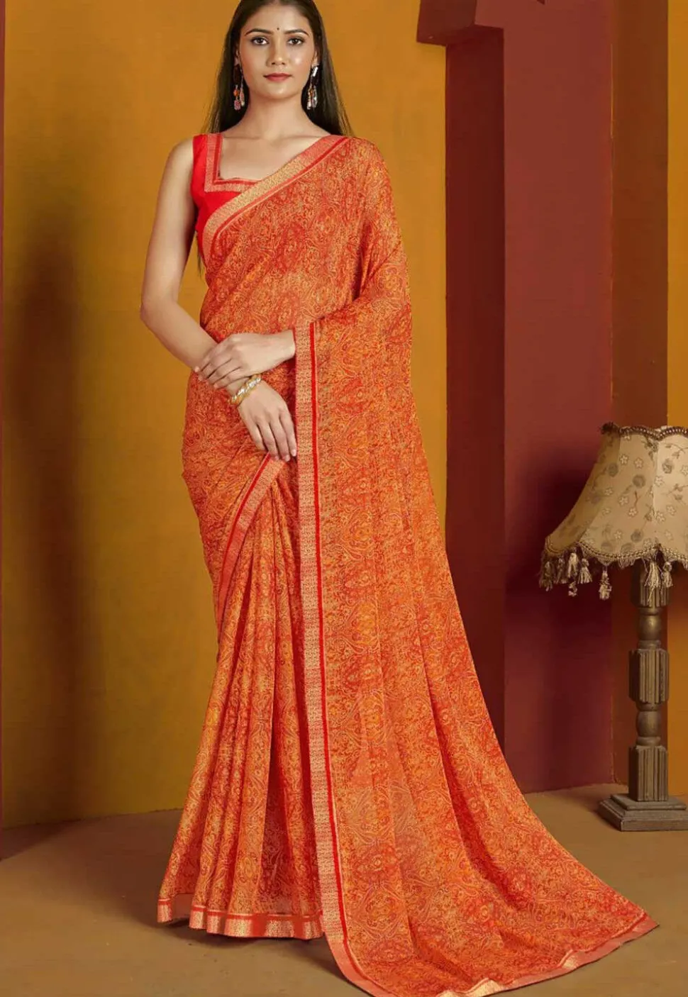 Digital Printed Chiffon Saree in Orange