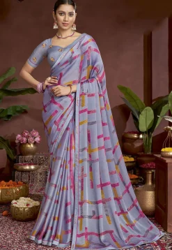 Digital Printed Chiffon Saree in Purple
