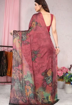 Digital Printed Chiffon Saree in Red