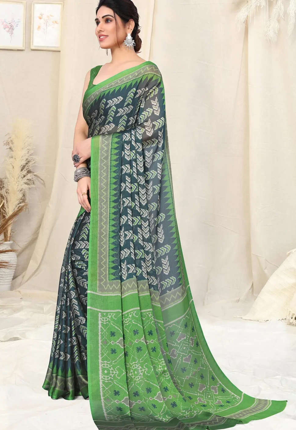 Digital Printed Chiffon Saree in Blue