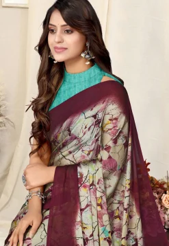 Digital Printed Chiffon Saree in Beige