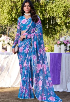 Digital Printed Chiffon Saree in Blue