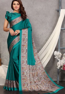 Digital Printed Chiffon Saree in Teal Green