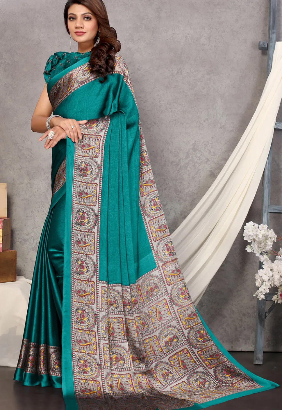 Digital Printed Chiffon Saree in Teal Green