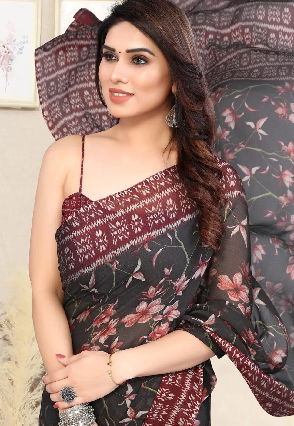 Digital Printed Chiffon Saree in Black