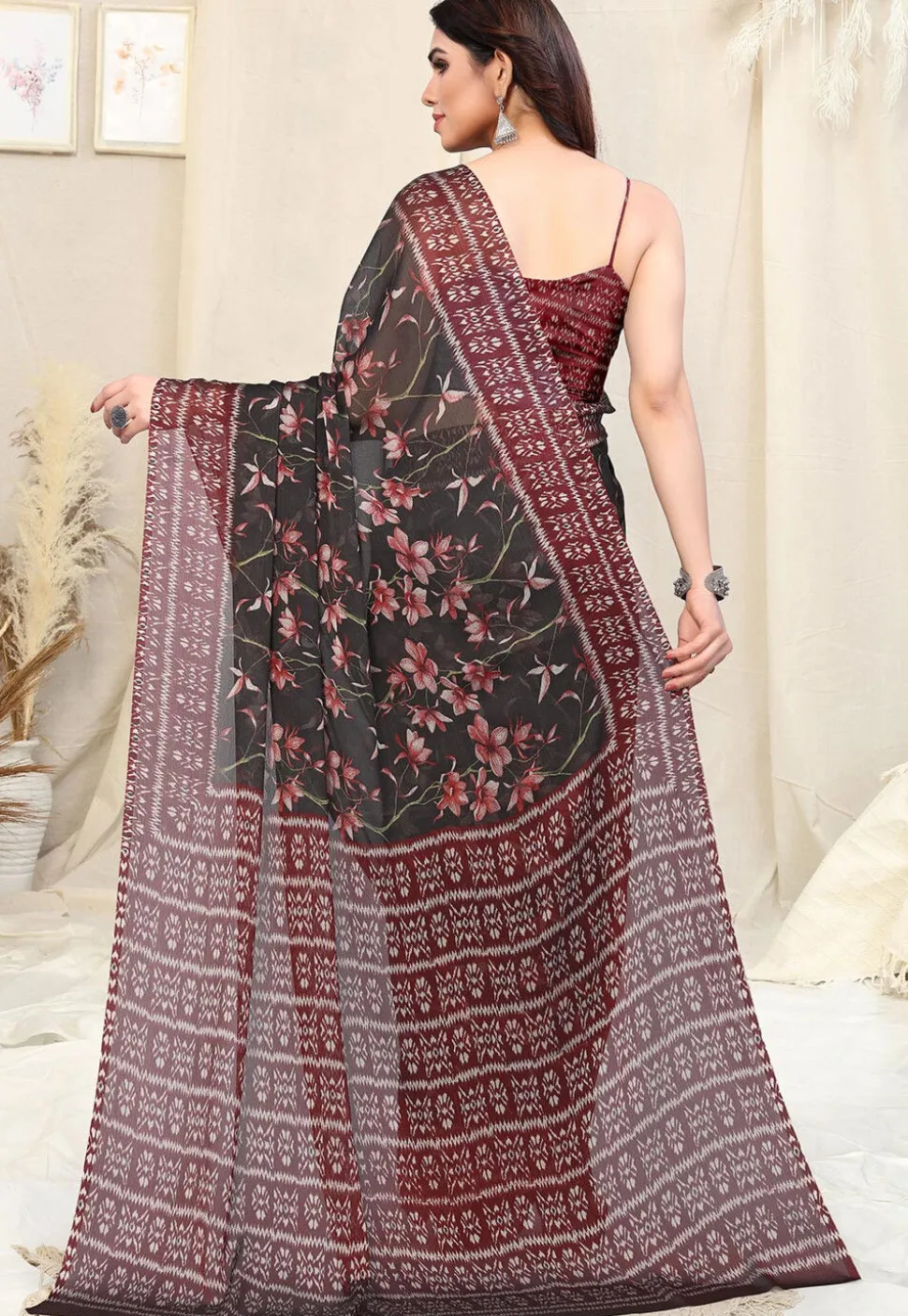 Digital Printed Chiffon Saree in Black