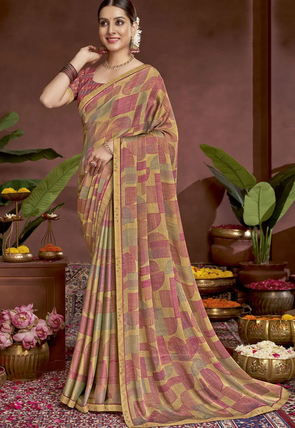 Digital Printed Chiffon Saree in Beige