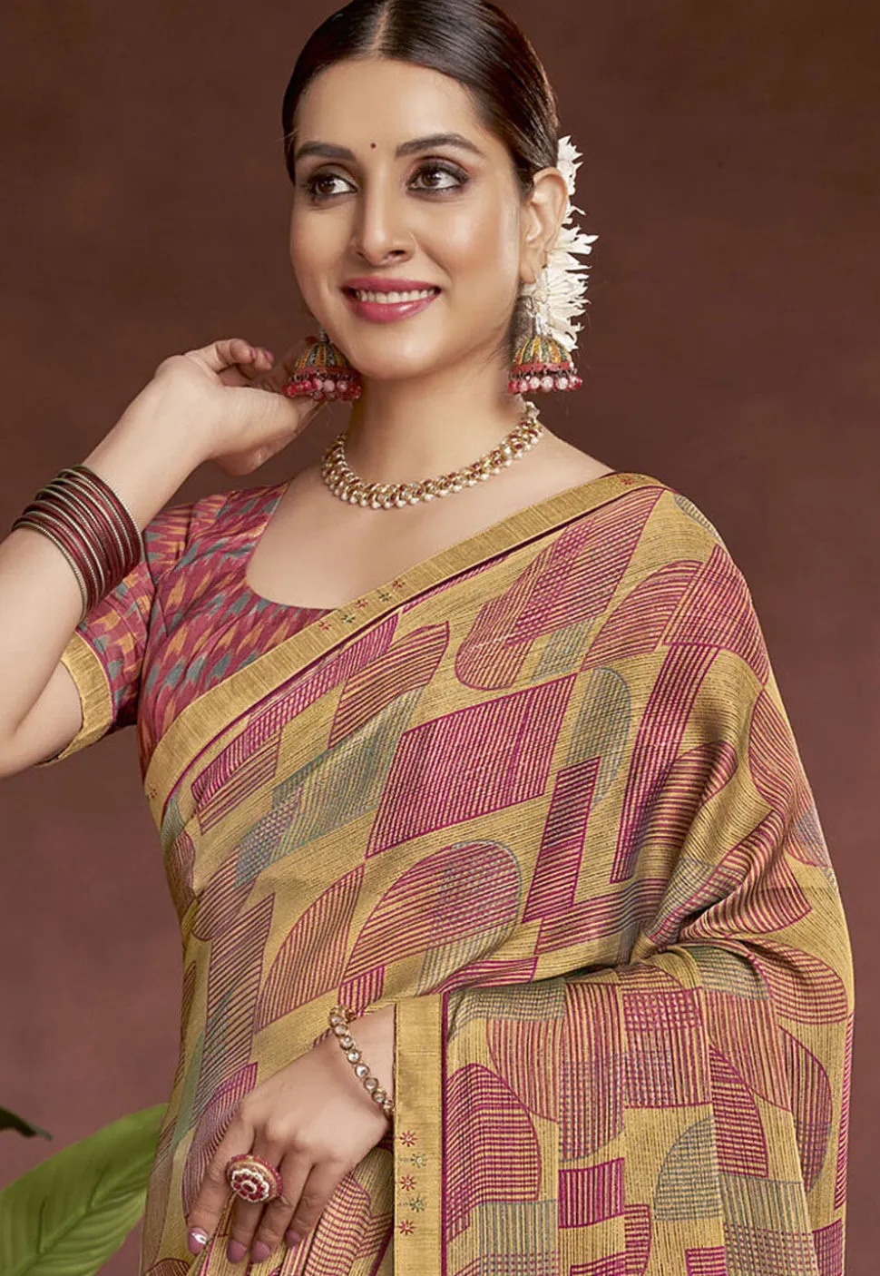 Digital Printed Chiffon Saree in Beige