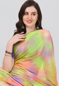 Digital Printed Chiffon Saree in Light Green and Purple