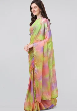 Digital Printed Chiffon Saree in Light Green and Purple