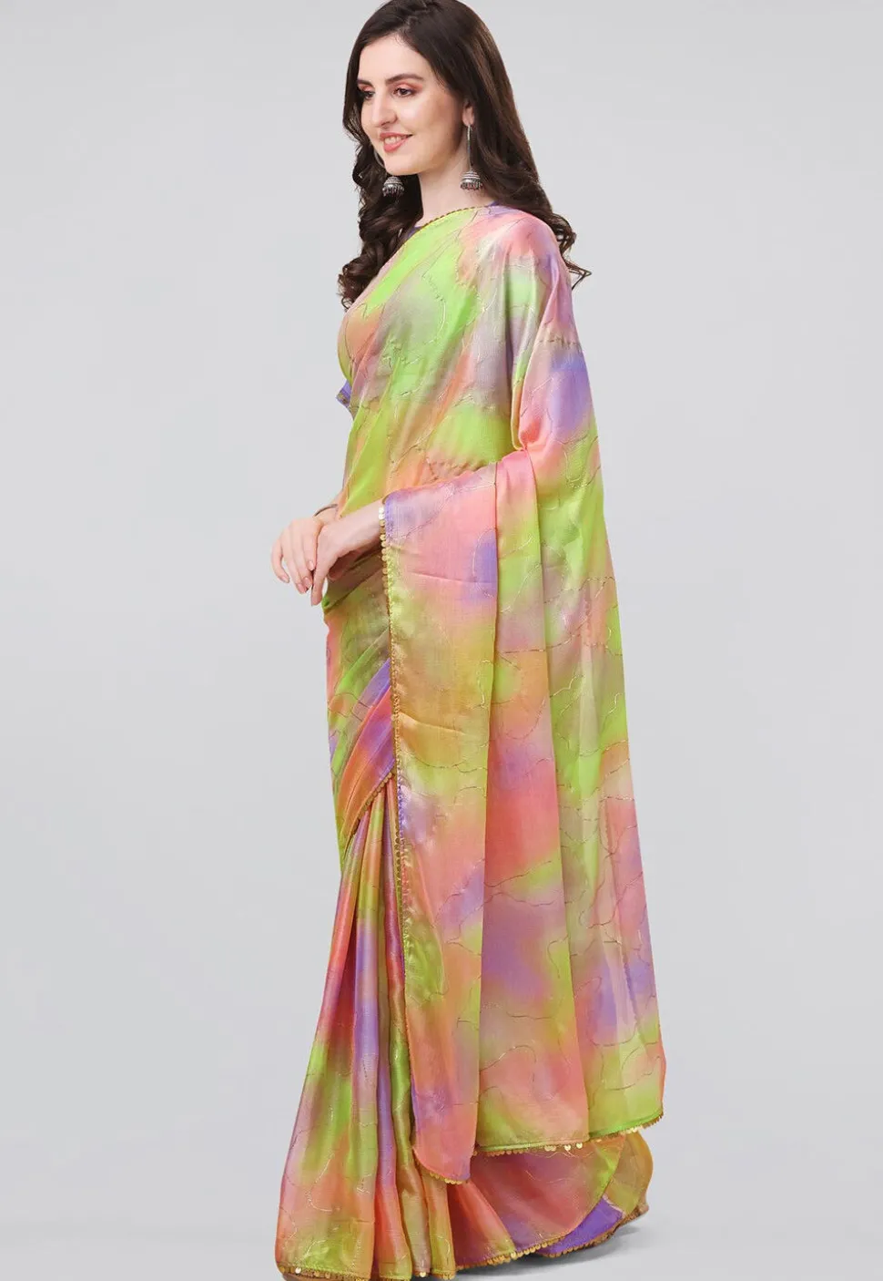 Digital Printed Chiffon Saree in Light Green and Purple