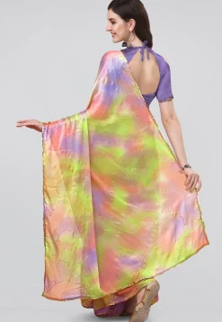 Digital Printed Chiffon Saree in Light Green and Purple