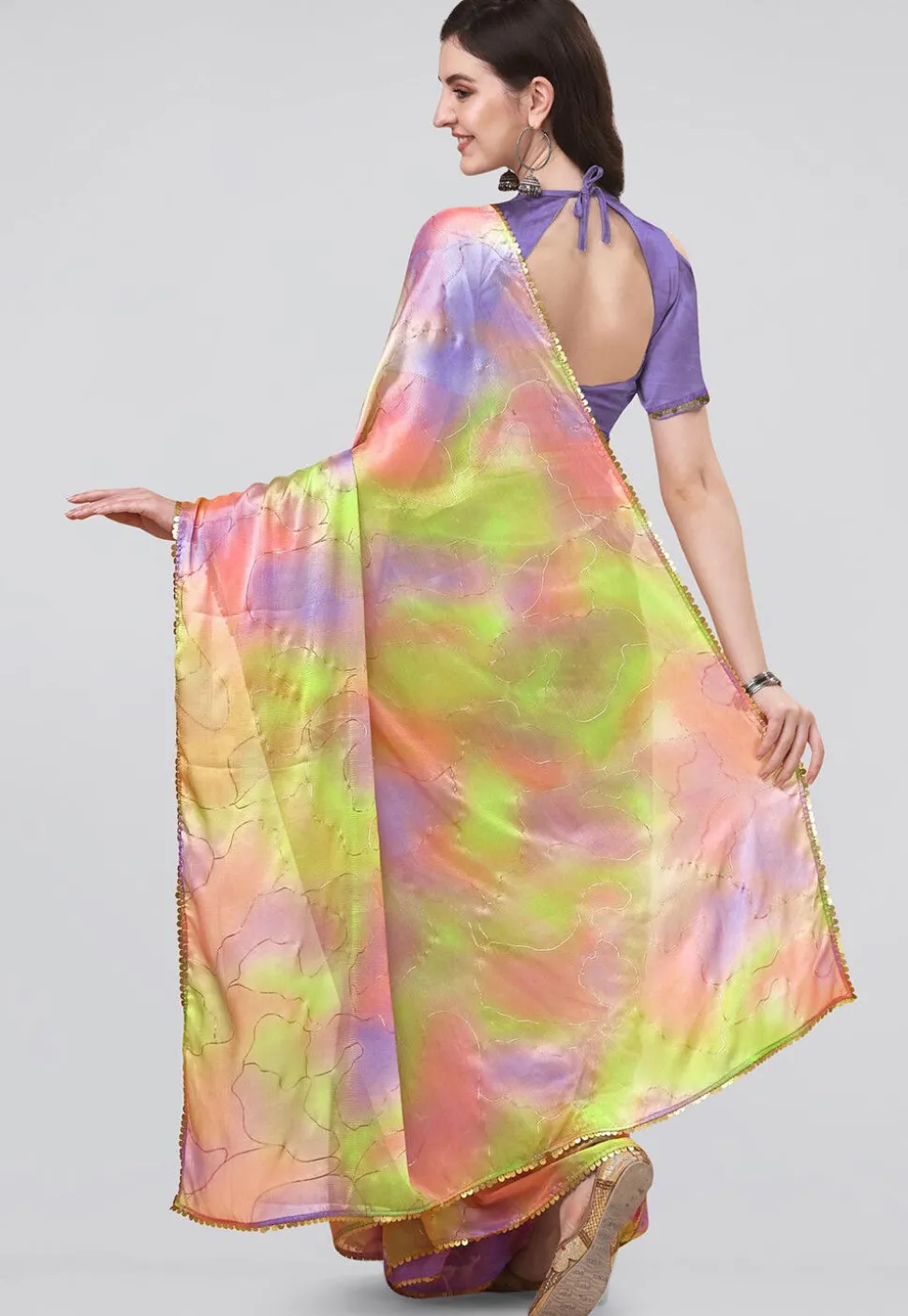 Digital Printed Chiffon Saree in Light Green and Purple