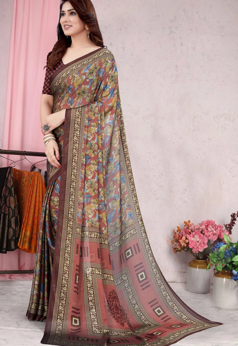 Digital Printed Chiffon Saree in Maroon