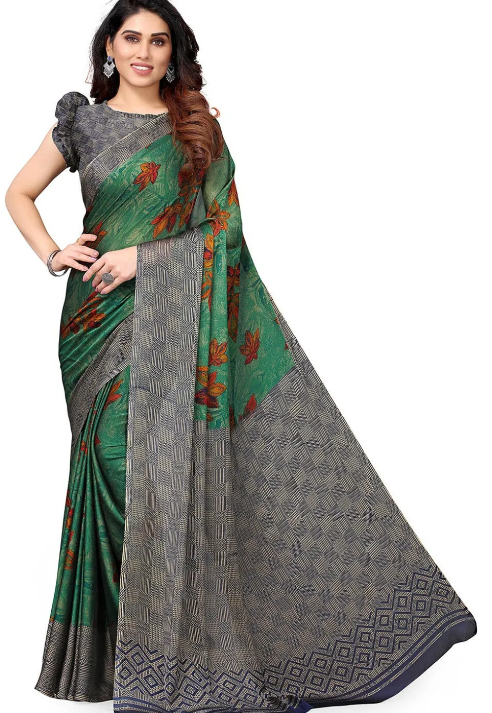 Digital Printed Chiffon Saree in Green