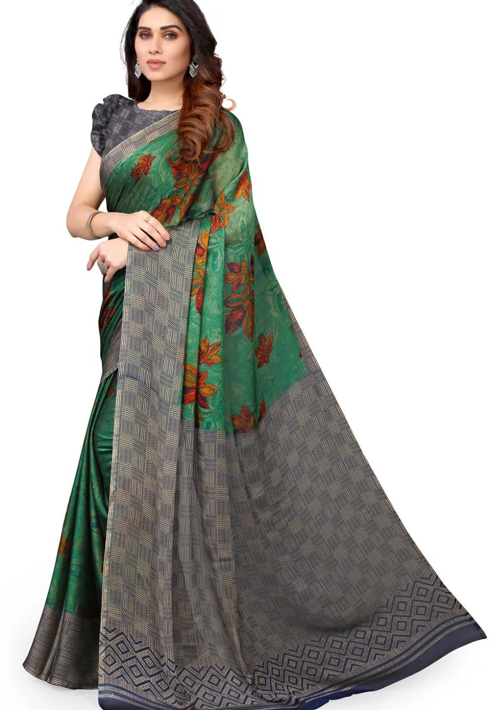 Digital Printed Chiffon Saree in Green