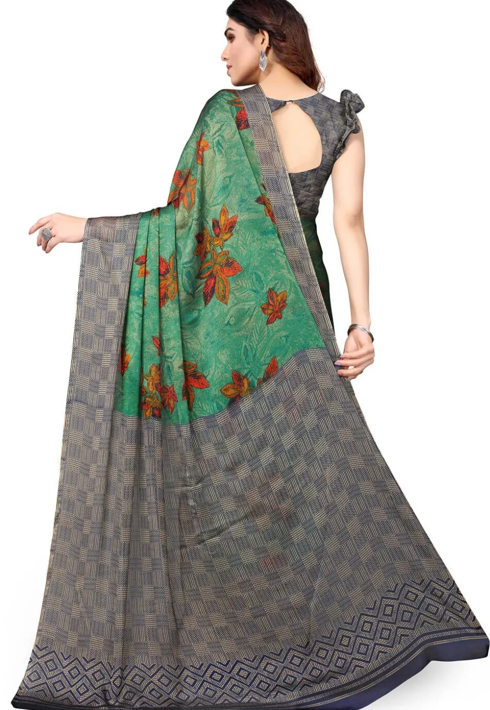 Digital Printed Chiffon Saree in Green