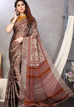 Digital Printed Chiffon Saree in Beige and Maroon