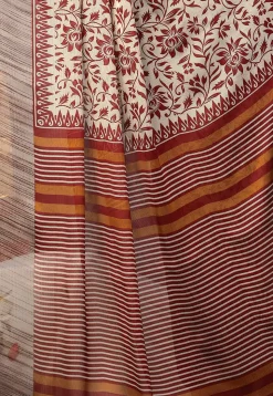 Digital Printed Chiffon Saree in Beige and Maroon