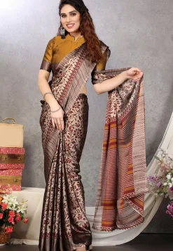Digital Printed Chiffon Saree in Beige and Maroon