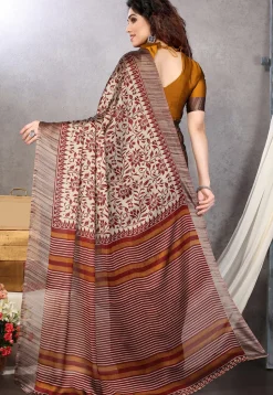 Digital Printed Chiffon Saree in Beige and Maroon