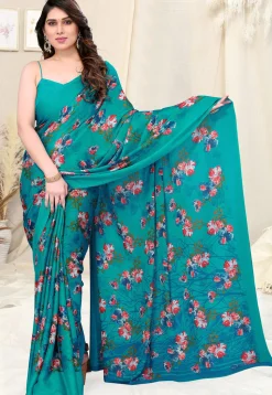 Digital Printed Chiffon Saree in Teal Blue