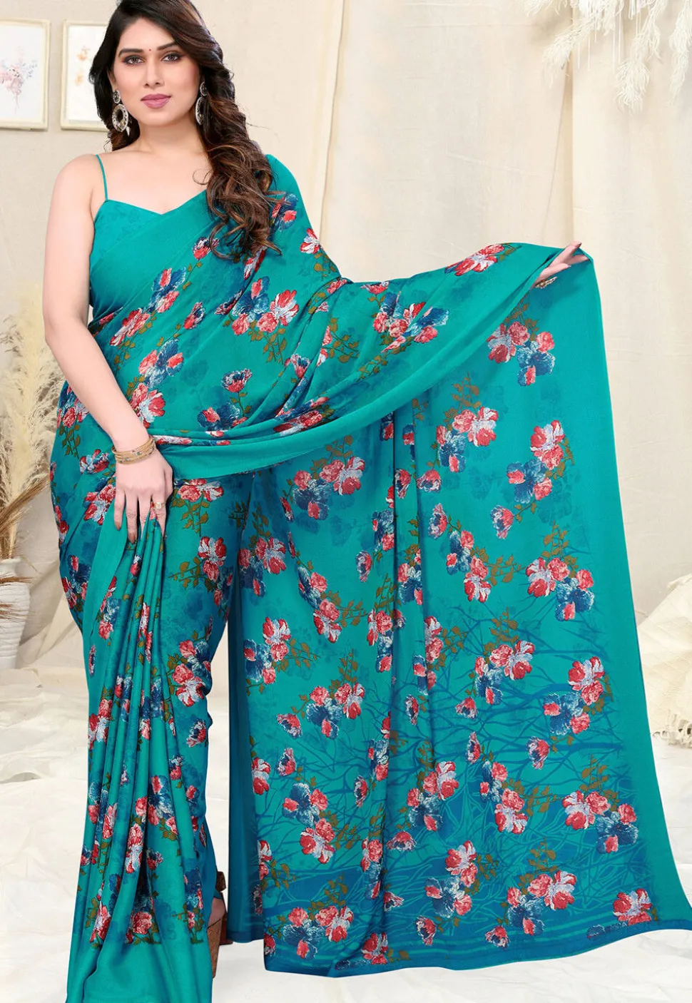 Digital Printed Chiffon Saree in Teal Blue